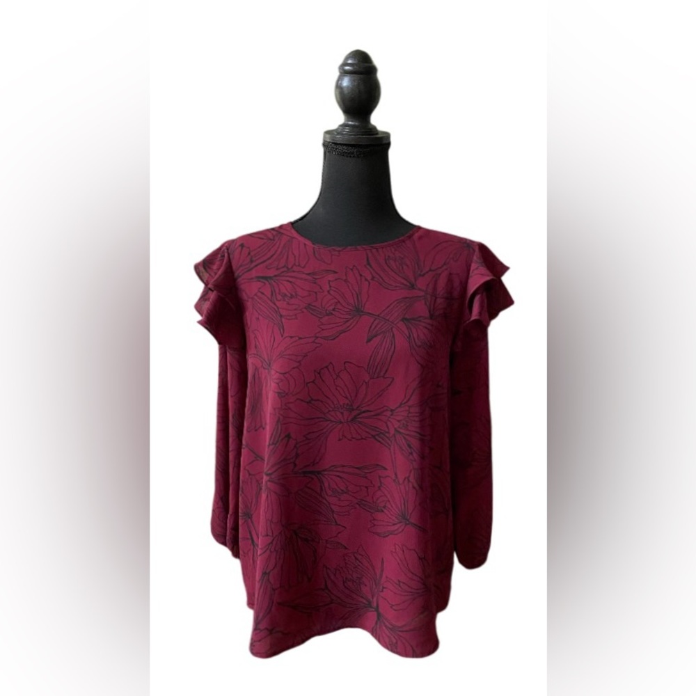 Apt. 9: Plum Purple Blouse with Black Floral Pattern Design and Ruffle Shoulders